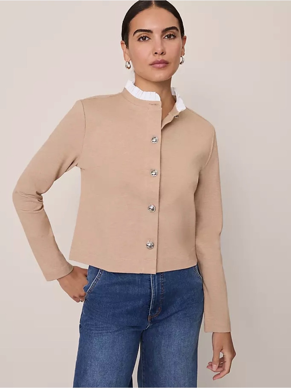 Ann Taylor Ruffle Neck Cardigan in Ponte Beige Large NWT